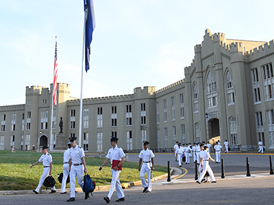 Cadets walk from barracks to class at VMI.