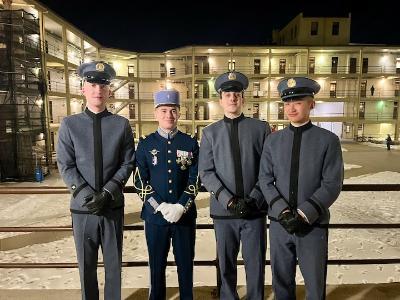 Simon Lemaire in front of barracks with VMI cadets.