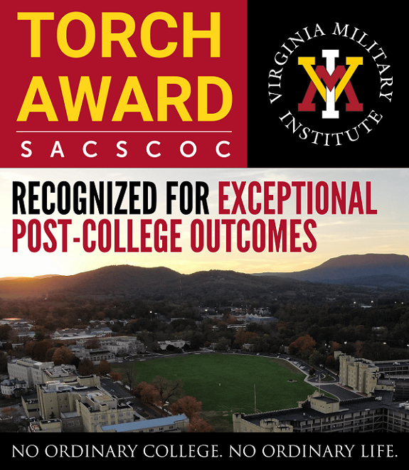 Torch Award Graphic - VMI Recognized by Southern Association of Colleges and Schools Commission on Colleges for exceptional post-college outcomes. Full details in linked news article.