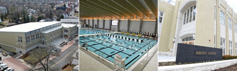 Exterior view of new aquatic center , new pool, and new sign