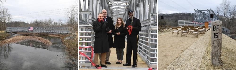 Photo strip of ribbon cutting, new bridge, and mile marker along the pedestrian bridge at Chessie Trail.