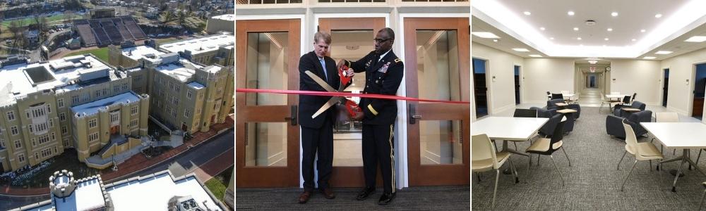 Aerial view of completed renovations, ribbon cutting ceremony, and interior space