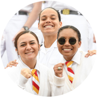 VMI female cadets showing rings at family weekend sporting event