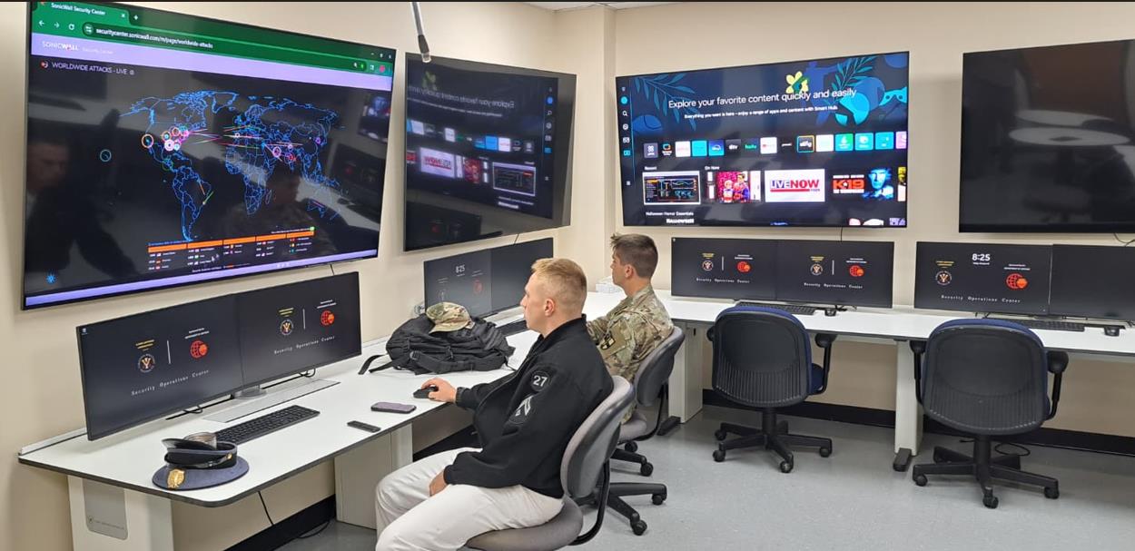 VMI cadets work at computer stations in the Security Operations Center.