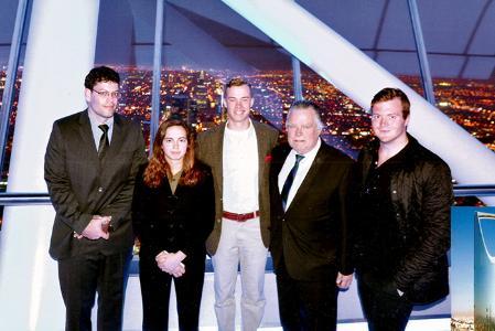 Maj. Jason Schroepfer, Morgan Davis ’20, Aiden Atchison ’20, Dr. John Duke Anthony ’62, and Sam Knapp ‘20 on the sky bridge in Riyadh, Saudi Arabia