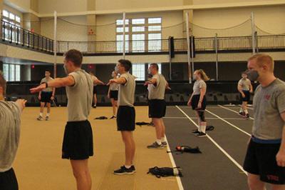 Photo of VMI AFROTC Cadets social distancing during PT, photo by Cadet Bridget Hughes ’22