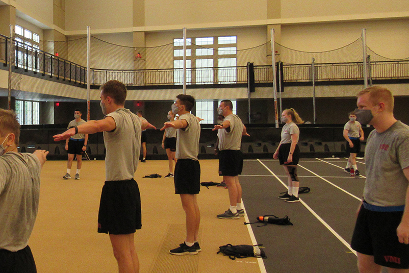 Photo of VMI AFROTC Cadets social distancing during PT, photo by Cadet Bridget Hughes ’22