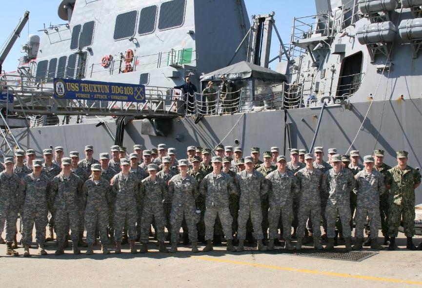 NROTC cadets in front of the USS Truxton