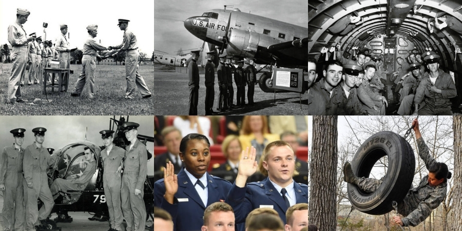 Collage of photos from VMI Archives: Cadets in flight on Air Force Transport during FTX, ca. 1950, Air Force ROTC Cadets at National Air Force Museum, ca. 1965, Joint Commissioning, May 15, 2015, North Post, Air Force ROTC Training Exercises, March 2017.