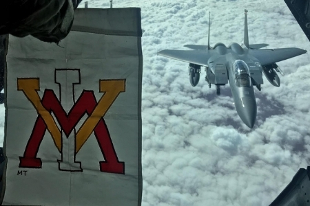 VMI flag framing window during refuel - Courtesy of Lt Col Roderick James '04 and Lt Col Derek Rankin '05