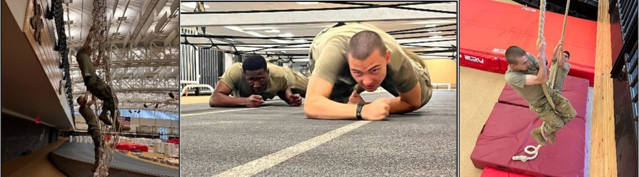 Air Force cadets climb and complete other physical tasks during training.