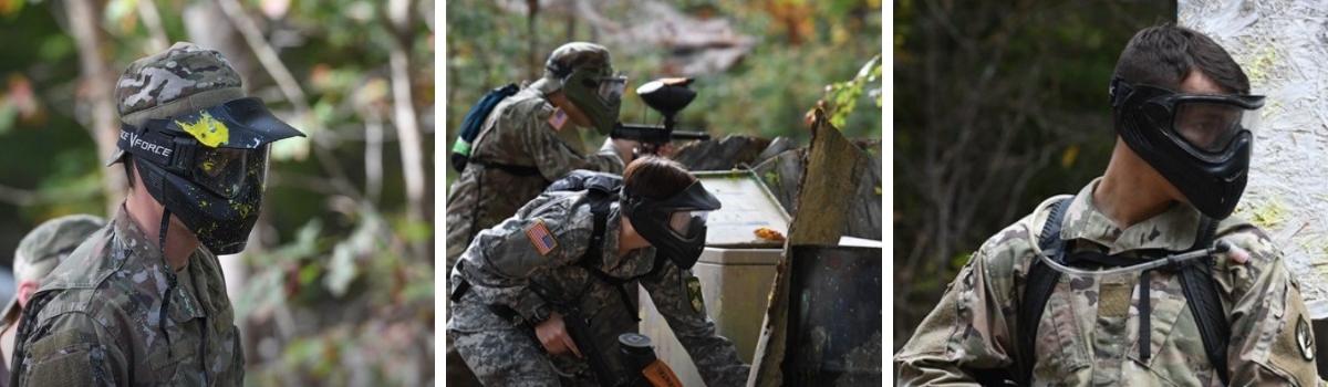 Collage of AFROTC cadets at paintball during Fall FTX 2021