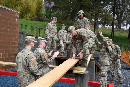 Air Force ROTC cadets work together on VMI leadership reaction course.