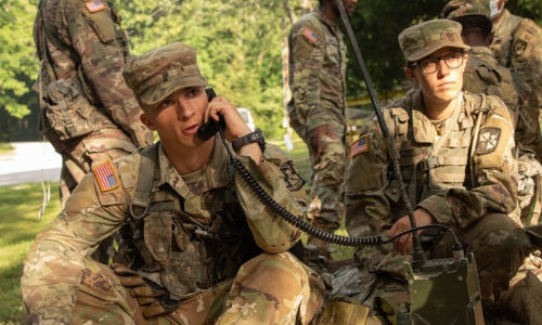 Cadet Dylan Palmer, Virginia Military Institute, 10th Regiment, Advanced Camp, provides coordinates on a radio during the Tactical Combat Casualty Care training at Fort Knox, Ky. Photo courtesy US Army Cadet Command
