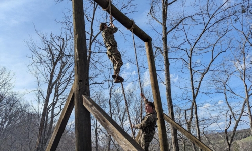 Army ROTC cadets on obstacle course on campus, called Post at VMI, a military college in Virginia.