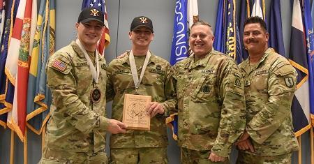 Garret Kelenske ’24 and Carter Hugate ’24 placed third in the College Clash Shoot Out Excellence in Competition team event, representing the Combat Shooting Team at VMI.