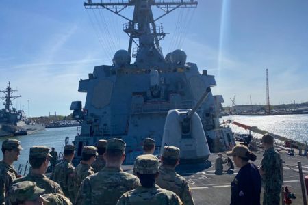 Navy ROTC cadets at VMI visit US Navy ship during spring training.