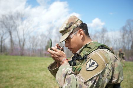 Marine Corps ROTC cadet at VMI uses land navigation equipment.