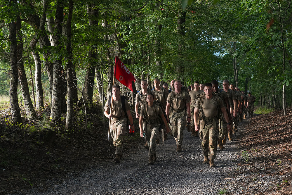 Cadet leadership brings the newest recruits on a hike up House Mountain.