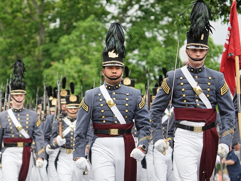 VMI students, known as cadets, march along Letcher Avenue on campus (post) during the annual Memorial Parade honoring alumni who died on the field of honor.