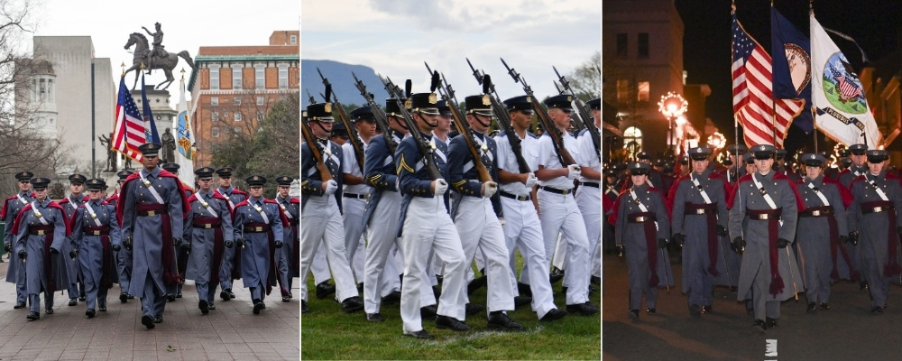 Left to right: Cadets march in Richmond, on post, and down Main St. in Lexington.
