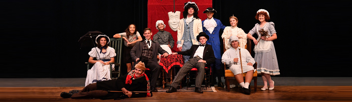 VMI theatre cadet drama group members on stage dressed in period costumes