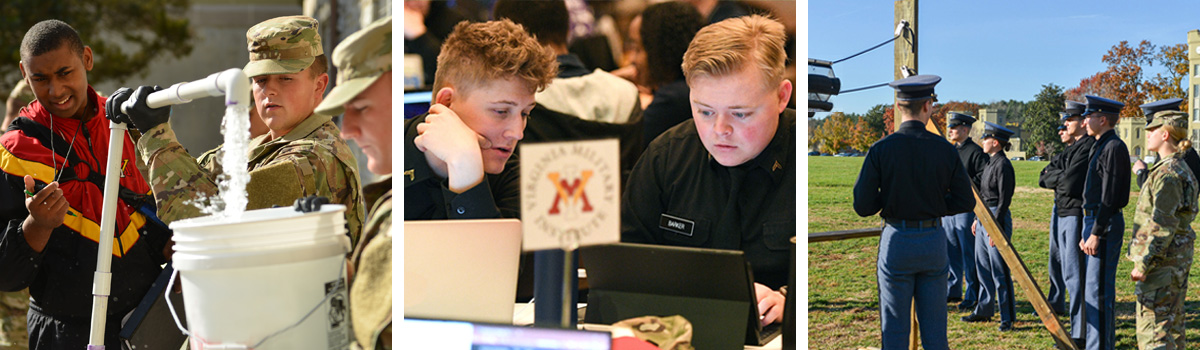 VMI cadets performing science experiment with water, cadets attending cybersecurity competition and conference, cadets performing science experiment with a catapult