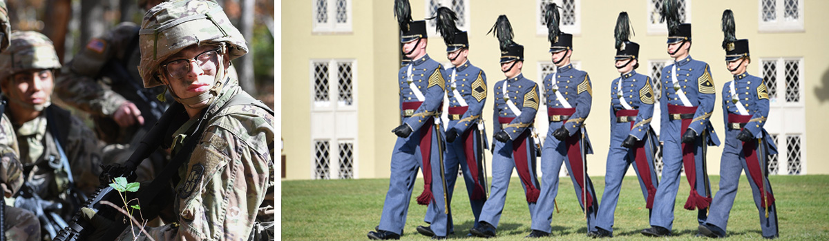 VMI cadets in  camouflage during fall field exercises, cadets marching in parade
