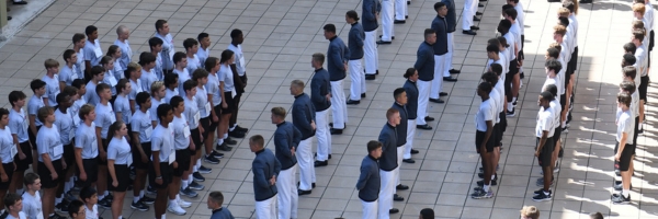 Newly sworn in rats line up in barracks for review by elite cadet leadership known as Cadre at VMI.