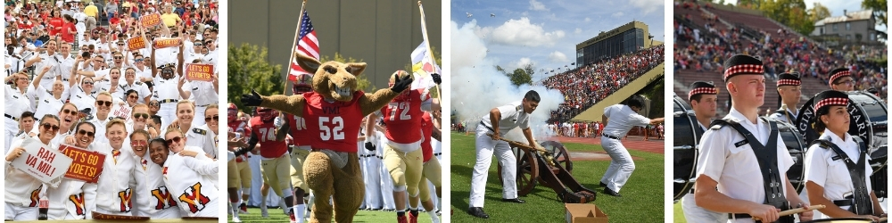 Collage of photos from football games showing crowd, Moe, players, and firing of cannon