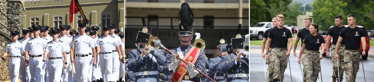 From left to right: Cadets marching down to football stadium, drum major with baton, cadre training with sabres.