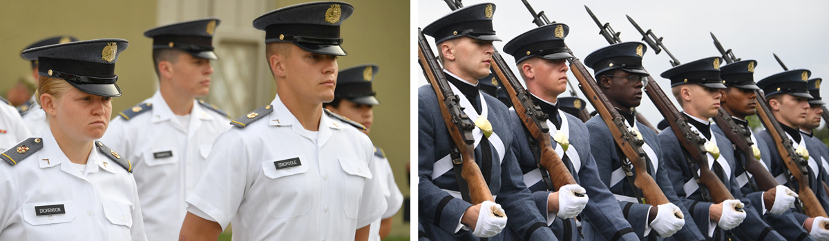 VMI cadets standing at attention and parade marching