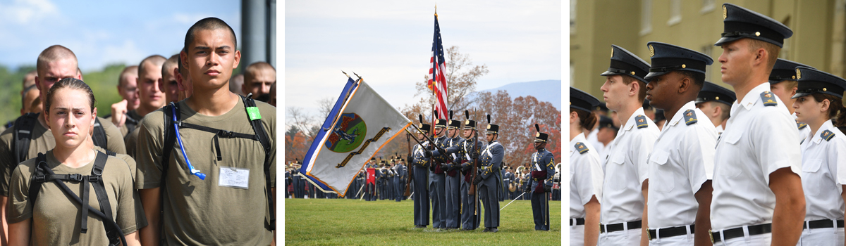 VMI cadets training, on parade, and standing at attention