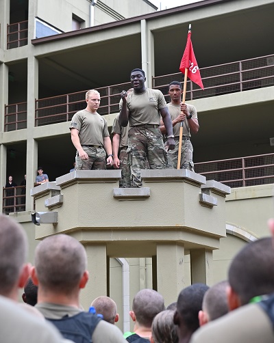Corps leaders stand atop the Sentinel Box and address Rats - VMI Freshmen.