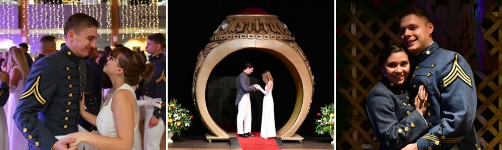 Ring Figure ball dancing cadets, cadet and date posing in large ring, cadets posing