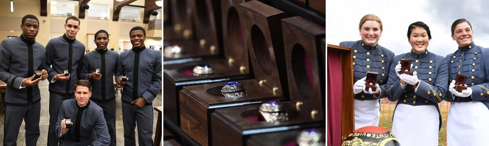 Cadets at supper, photo of rings, cadets posing with new rings