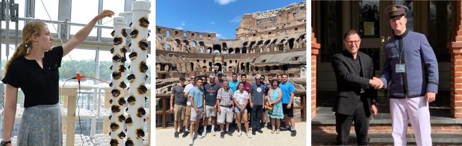 Cadet conducting research, cadets at the Colosseum, and cadet with professor at research conference