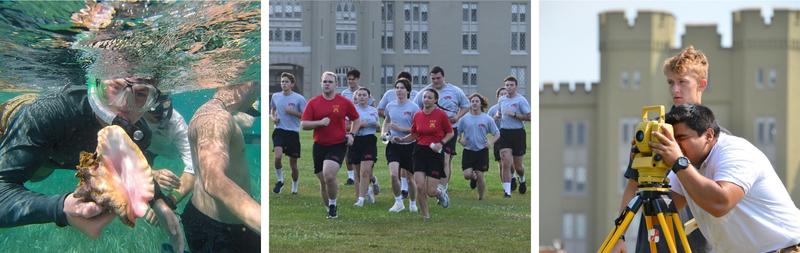 Cadet diving on study abroad, incoming rats at STP, students in surveying class