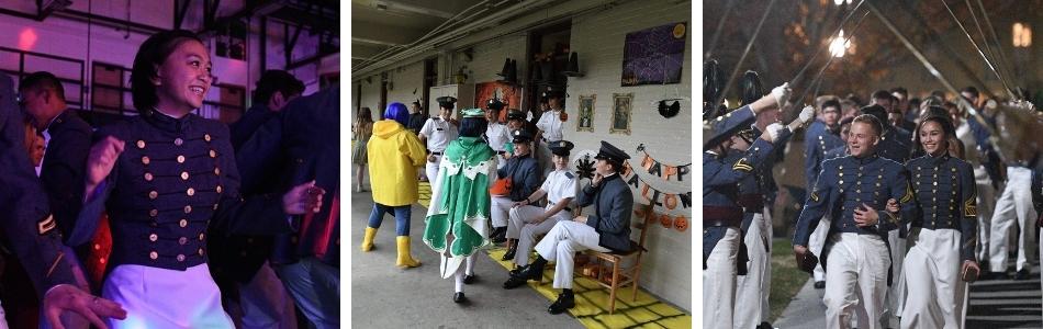 cadet dancing, cadets at trick-or-treat in barracks, cadets entering Ring Figure Ball