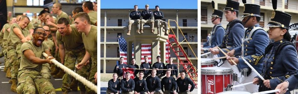 collage of cadets at events or participating in organizations: Rat Olympics, cadet battery, band