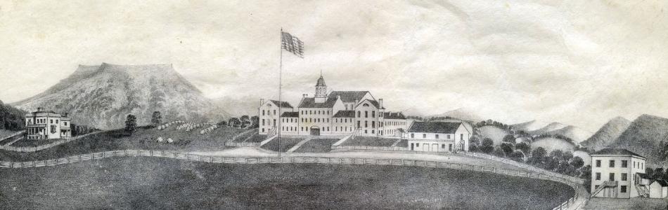 	 An early view of VMI showing original Barracks, Faculty Residences & Arsenal building; the Superintendent's residence is at far left. This lithograph appears on early Cadet Society certificates and other documents.