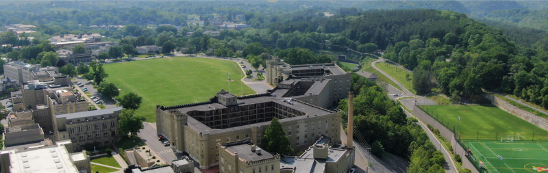 Drone view of VMI post (campus) on a sunny day