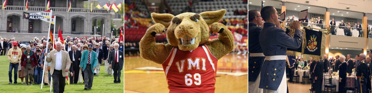 Attendees at an alumni reunion with class flag, Moe kangaroo mascot, and VMI herald Trumpets playing at a dinner.