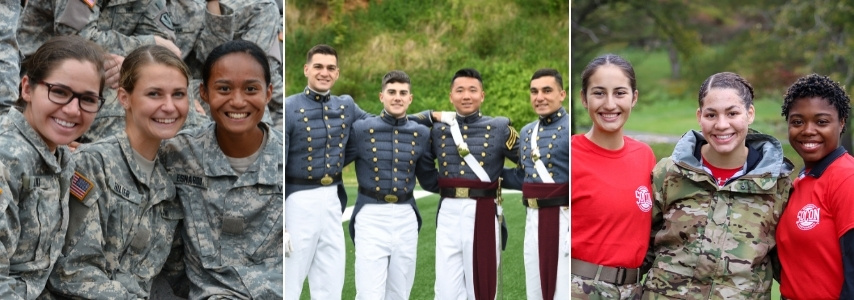 Three photos of smiling groups cadets on post.