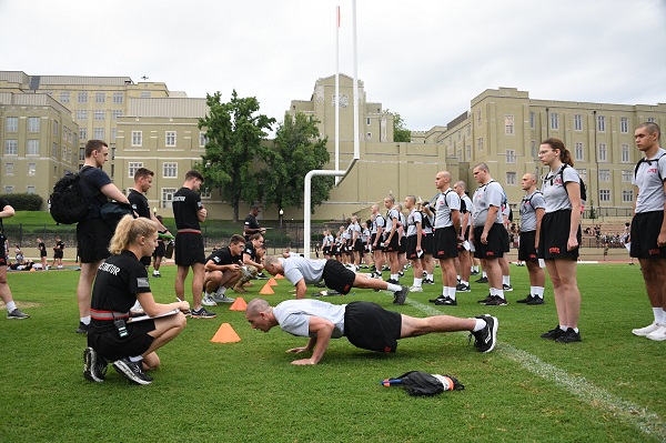 New students at VMI (rats) perform push-ups as part of their fitness test under supervision of cadet leadership and instructors.