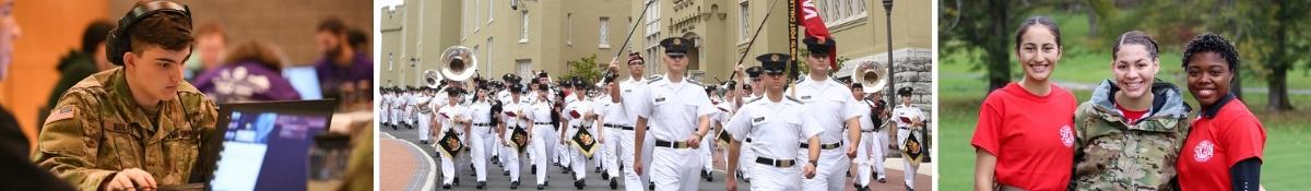 Cadet at laptop, cadets marching, and EMTs at VMI, a military college in Lexington, Virginia