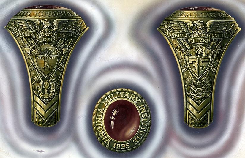 Institute Side of the 1935 class ring contains images chosen by the class of 1935 and is engraved with images unique to the Institute. The class side includes engraved images unique to the class . The largest engraved image is the numbers 3 and 5 within a shield.