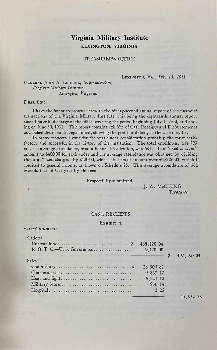 Treasurer J.W. McClung letter to VMI Superintendent Lejeune presenting the 92ndannual report of VMI's financial transactions, including cash receipts. Accessible PDF available for full text.