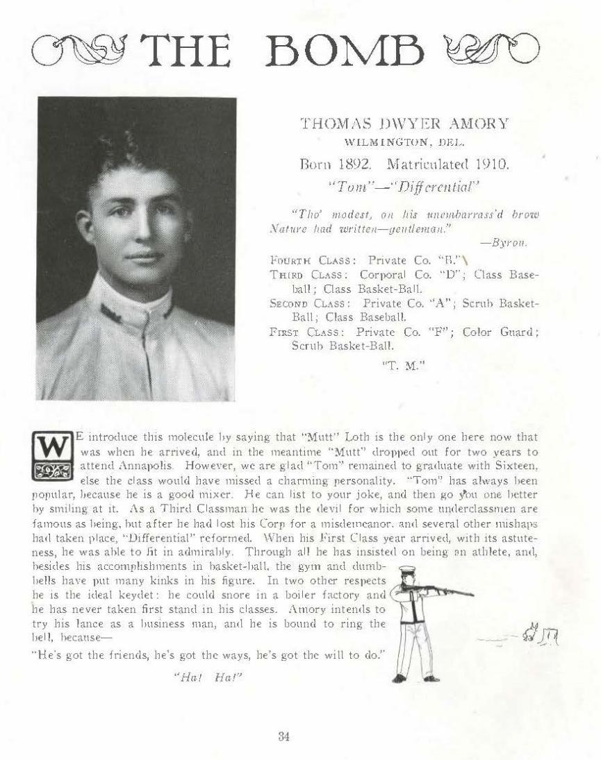 Cadet Amory’s first class history and first class photo, detailing the activities he participated in during his time at VMI. Accessible PDF available.