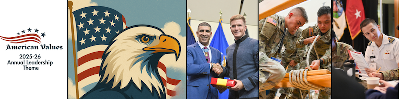 American Values with graphic design featuring the American Flag and bald eagle and photos of cadets